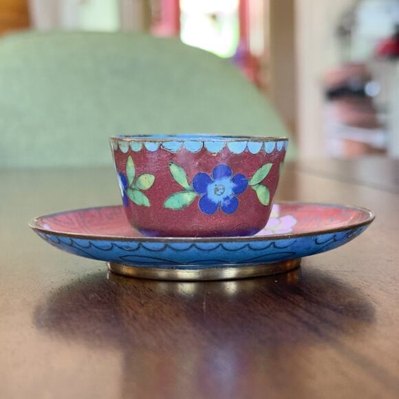 Antique Chinese Cloisonne Cup And Plate Red w Blue Dogwood Pink Lotus Pattern - Picture 6 of 13
